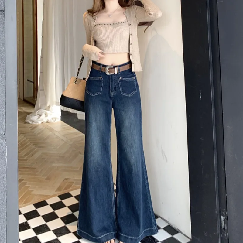 الرجعية عالية الخصر واسعة الساق الجينز النسائية Faion تنوعا درا السراويل الطويلة الخريف جديد Sle تأثير التخسيس جرس بوت