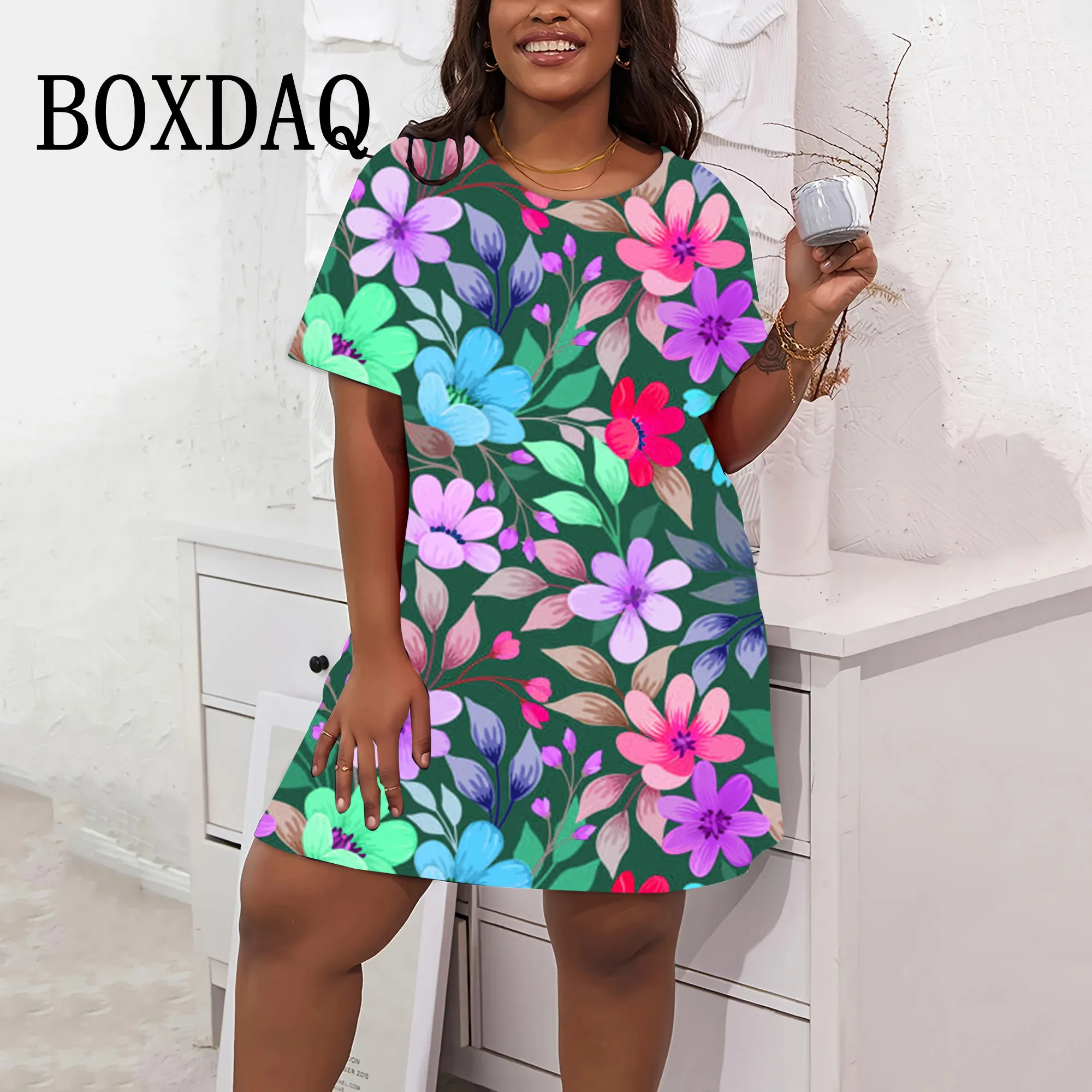 Fashion 3D Floral Print Dresses For Women Vintage Summer Big Sizes Short Sleeve Dress Casual O-Neck Loose Plus Size Clothing 9XL