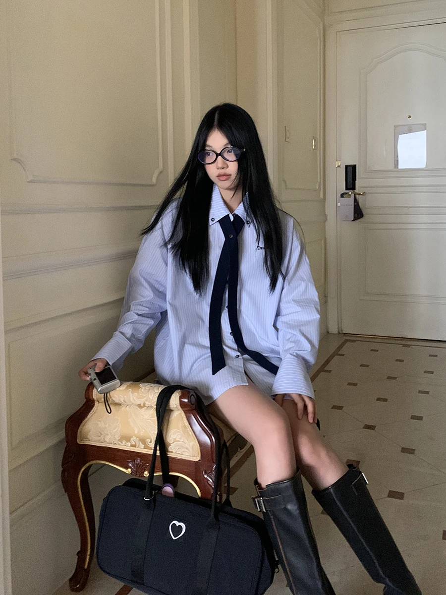 

Синий полосатый чистый хлопок Long Sve irt для женщин Ele Красивое Новое поступление Осень 2025 г Sle Commute Simple Strai...