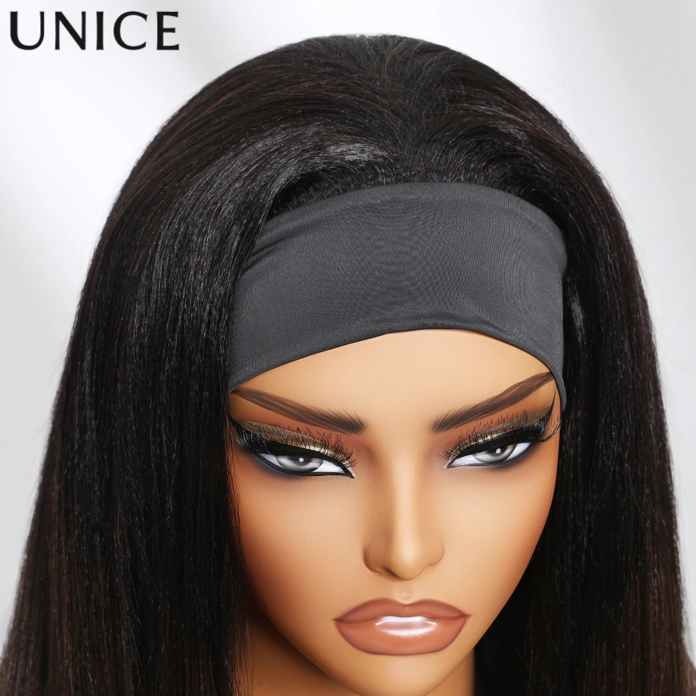 Unice Hair Chestnut Brown Ombre Yaki Straight Headband Wig Human Hair With Drawstring Cap 150% Density Glueless & Protective
