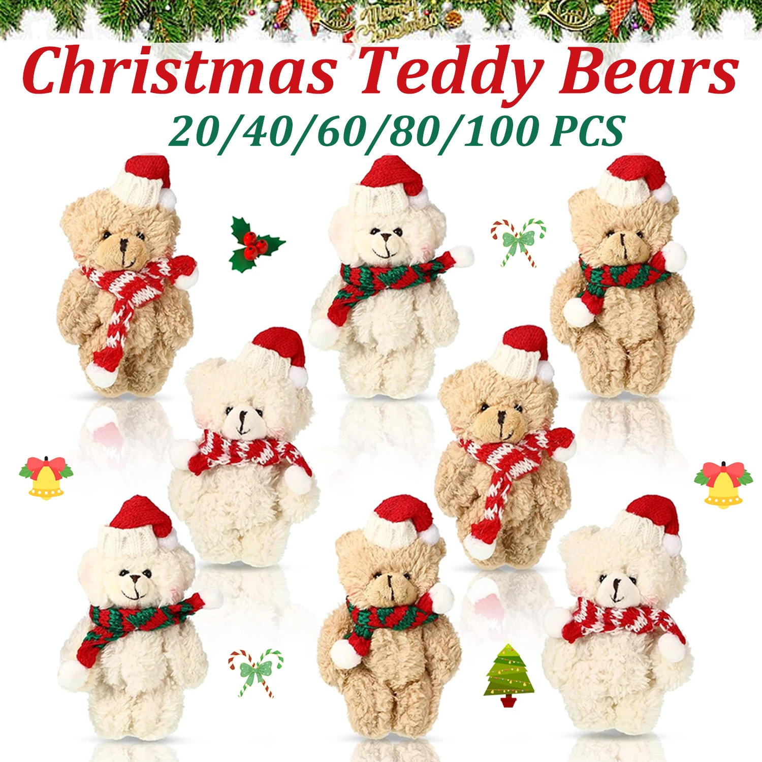 20-100Pcs Mini Teddy Bears Christmas Stuffed Animals Mini Bears Tiny Teddy Bear Christmas Plush for Xmas Tree Decor Party Favors