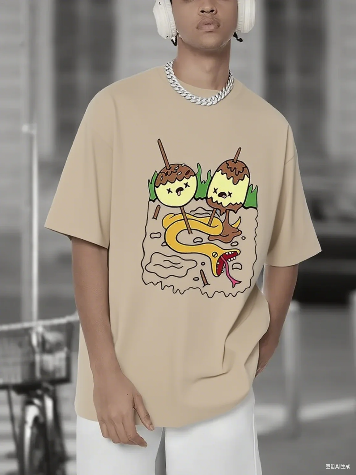 

Funky Cartoon Food & Snake Graphic Pure Cotton T - Shirt Unique Illustrated Art Tee Brand Streetwear Print New Arrival Te S-4XL