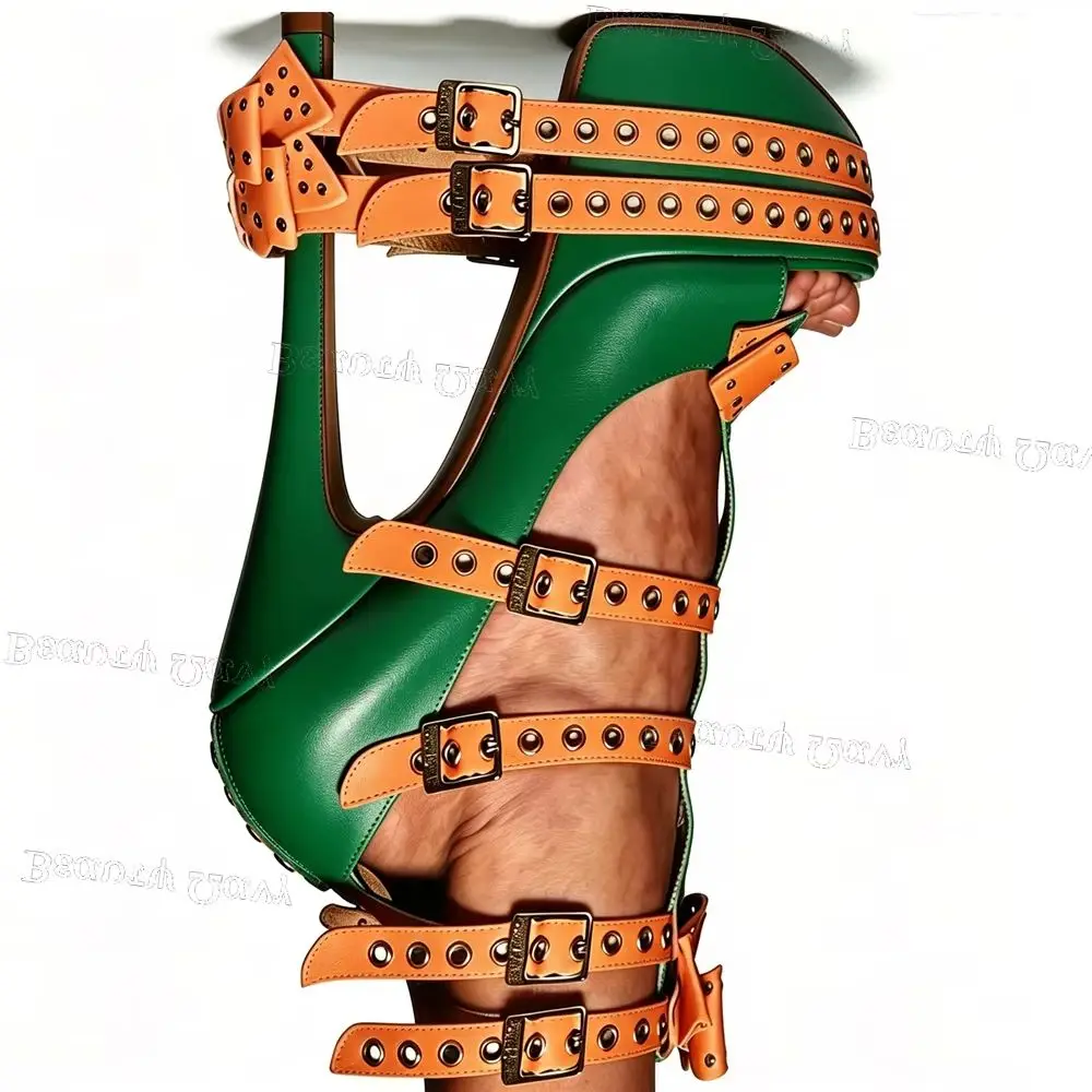 Green Orange Belt Buckle Decor Sandals Platform Women Shoes Open Round Toe High Heel Shoes for Girls Zapatos Para Hombres