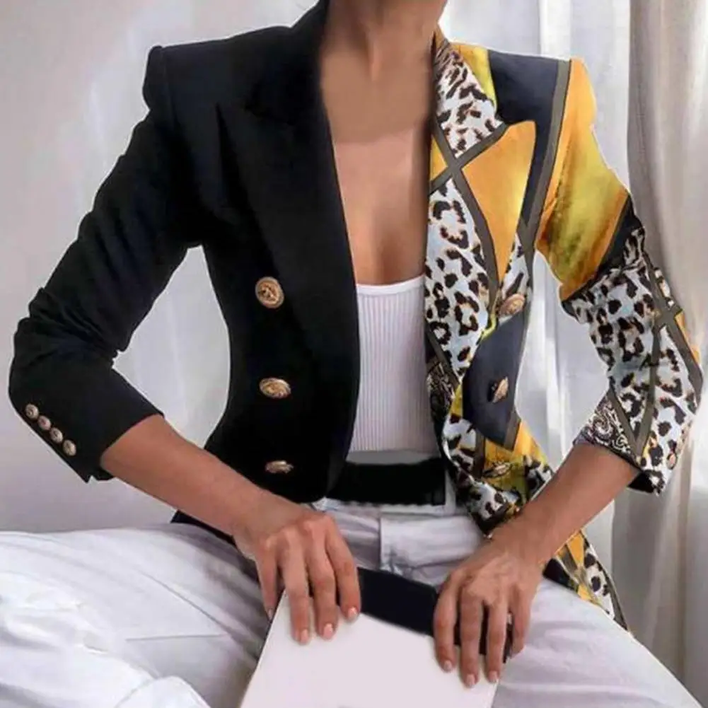 Women Blazer Right-angle Shoulder Double Breasted Long Sleeves Spring Blazer OL Style Print Cardigan Coat Women Jacket Suit Top