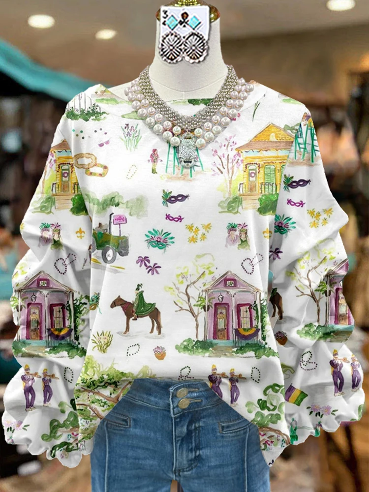 Elegant Pleated Contrast Mardi Gras Sweatshirt