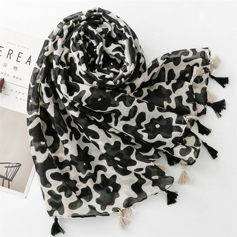 KYQIAO Luxury Brand Scarves Woman Spring Vintage Design Long Black Floral Printed Hijab Winter Accessories