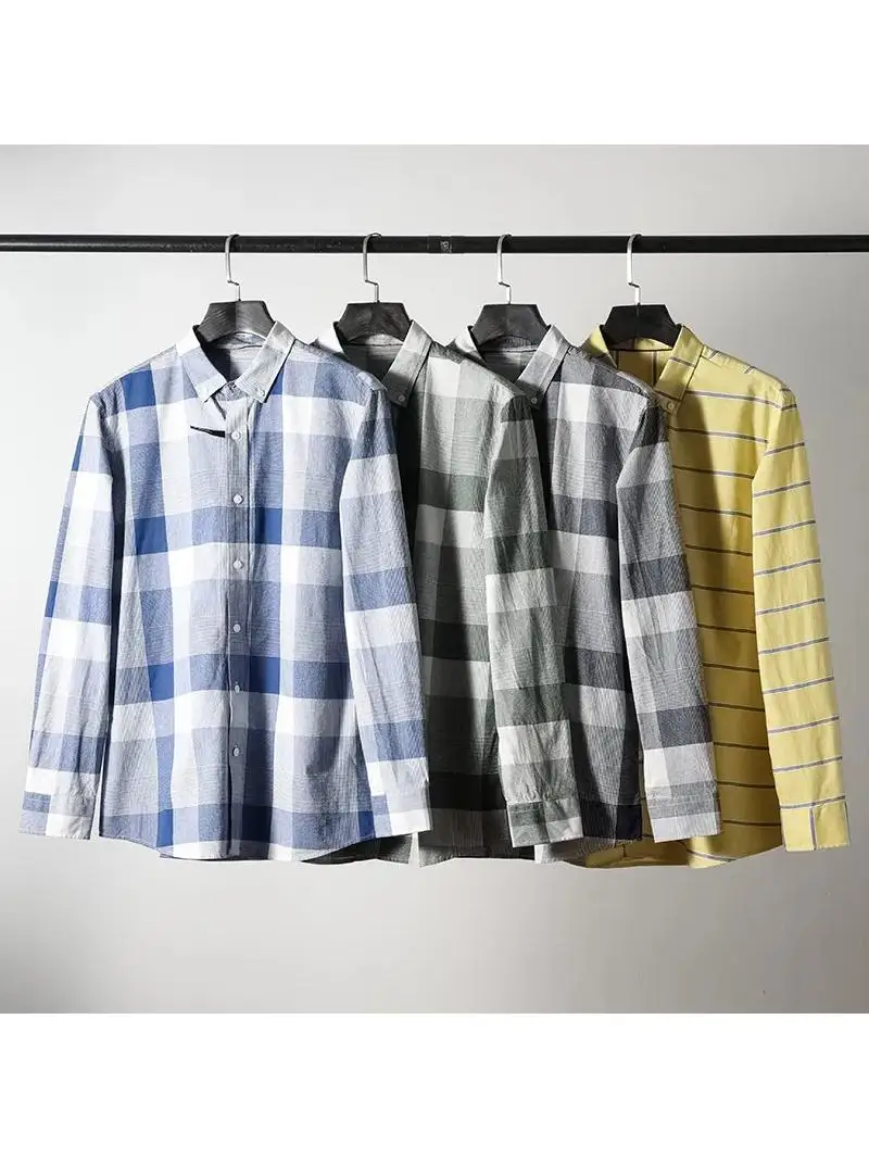 

New Advanced Oxford Weave Cotton Shirt Men's Casual Long Sleeve Plaid Shirt Spring Autumn Breathable Loose Fit Youth Fashion