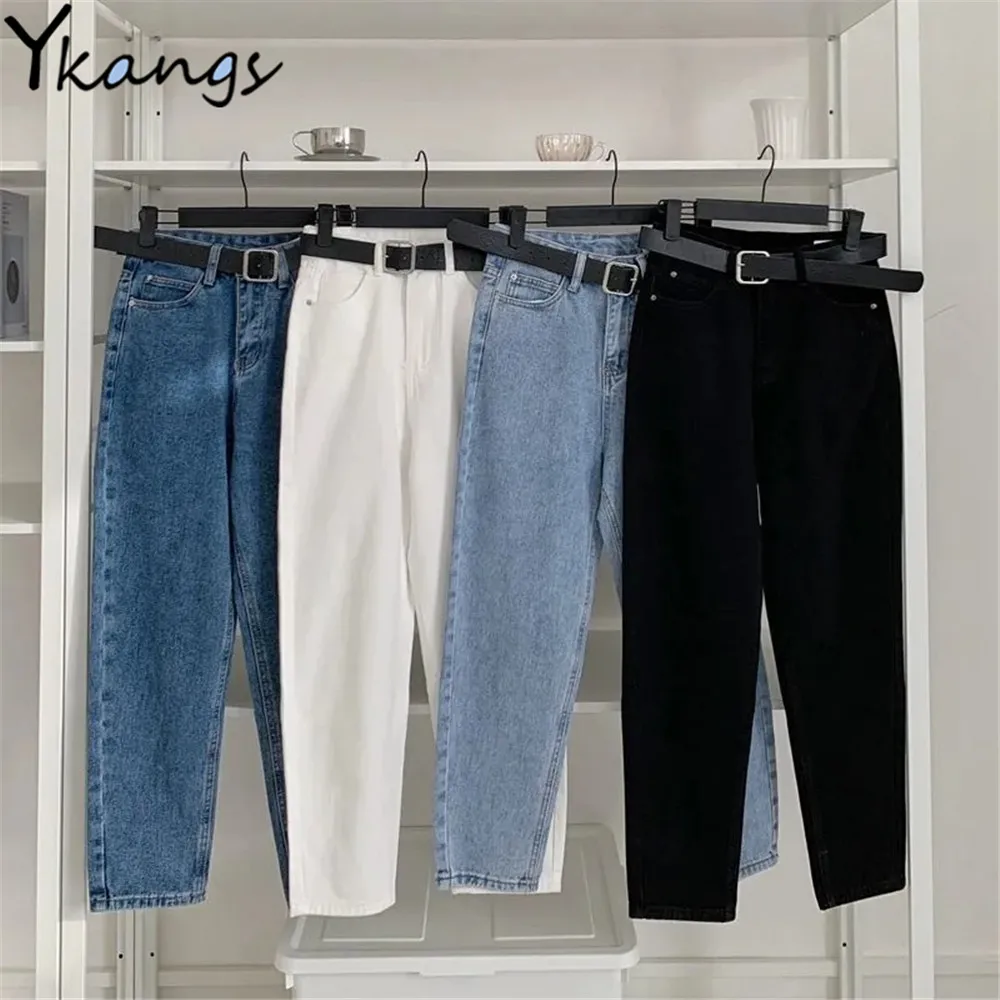 

Vintage 6 Color Harlan Jeans Korean Fashion 9-Point Straight Denim Pants Women'S Hong Kong High Waist White Slim Loose Trousers