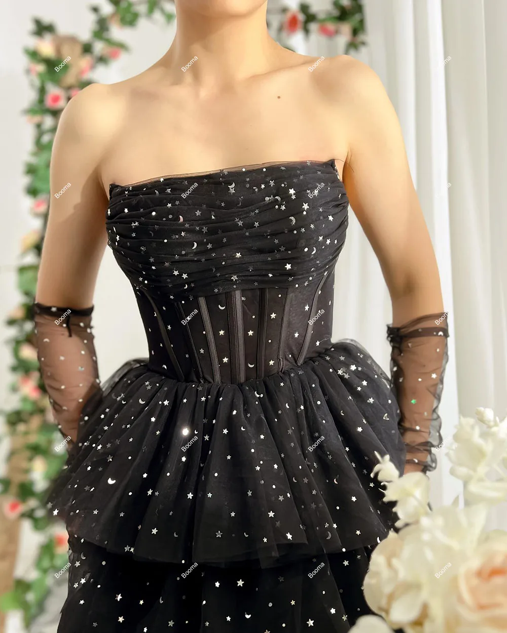 Booma Starry Tulle Prom Dresses Strapless Tiered High Side Slit Evening Dresses for Women Winter Long Homecoming Party Dress