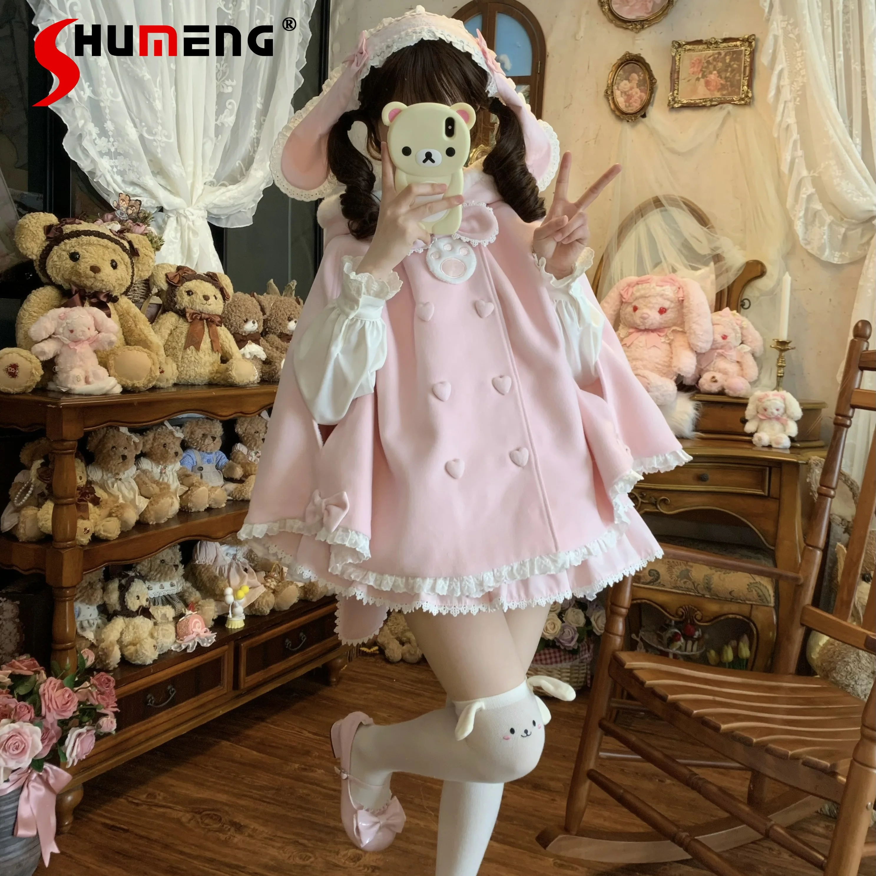 

Original Cute Girl's Pink Sweet Lolita Hooded Cloak Autumn Winter New Women's Loose Short Jacket Daughter Y2k Poncho Shawl 2025