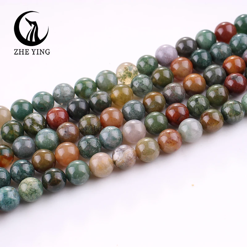 Zhe Ying Natural Cheap Indian Agate Stone Beads Smooth Round Loose Stone Beads for Bracelet Making DIY Jewelry Strand 15''