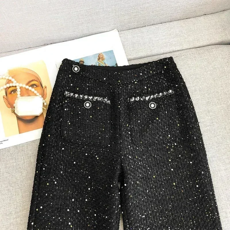 Temperament High Waist Slim Straight Wide Leg Pants Pantalones Mujer Black Tweed Cargo Sweatpants