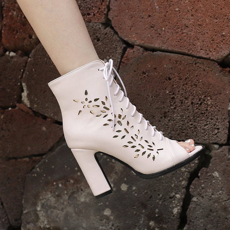 

Apricot Hollowed Out Carved Lace Up Peep Toe Shoes Super High Thick Heels Breathable Summer Women's Boots Short Boots