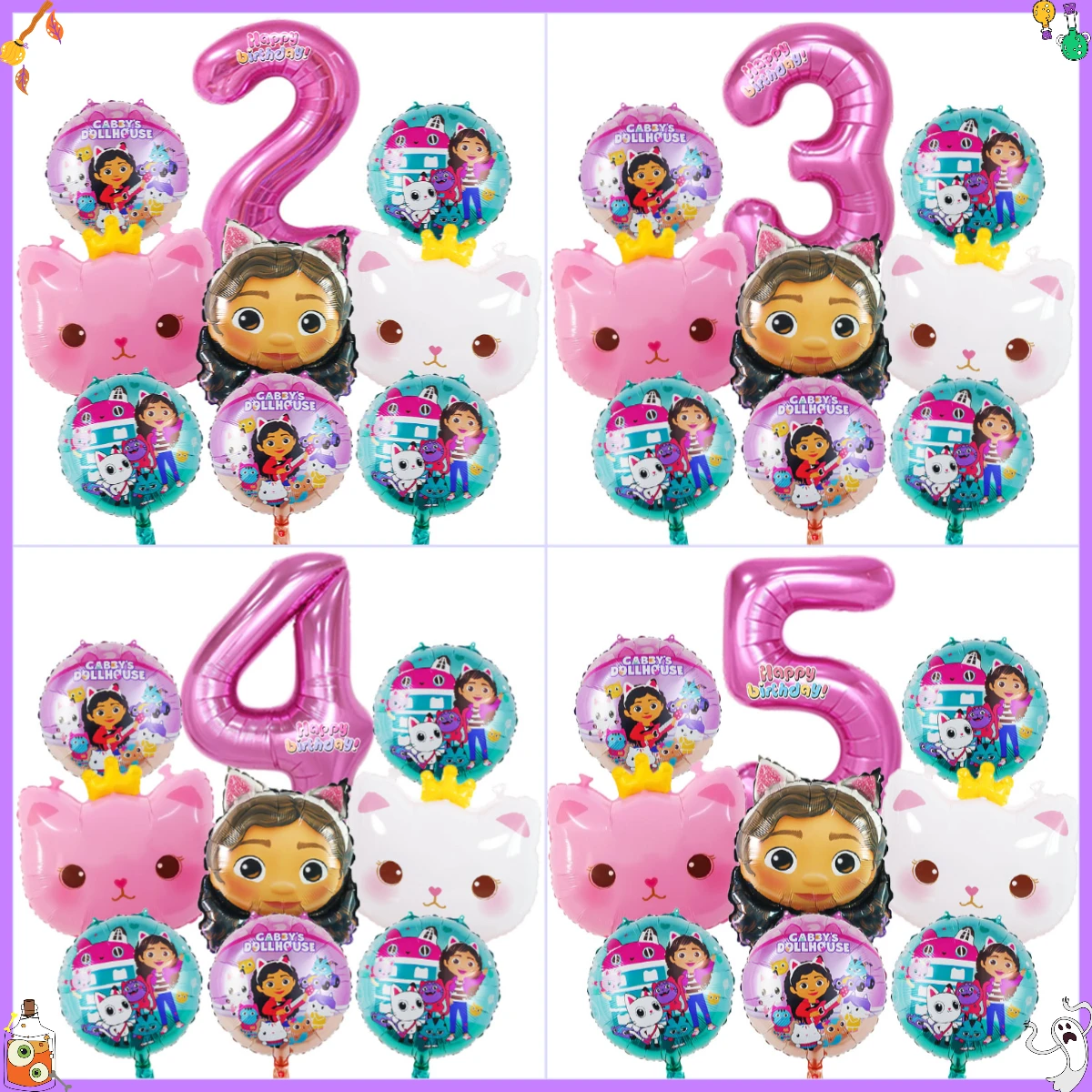 9-teiliges Set Gabby Geburtstagsparty Dekorationszubehör Weiße Rosa Ballons Puppenhaus Katze Folienballons Cartoon Heliumballons Babyparty