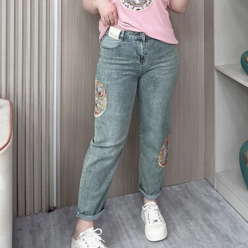 

Chinese Style Jeans Women 2024 Spring New Plus Size Loose VINTAGE Embroidery Ankle-Length Harem Pants