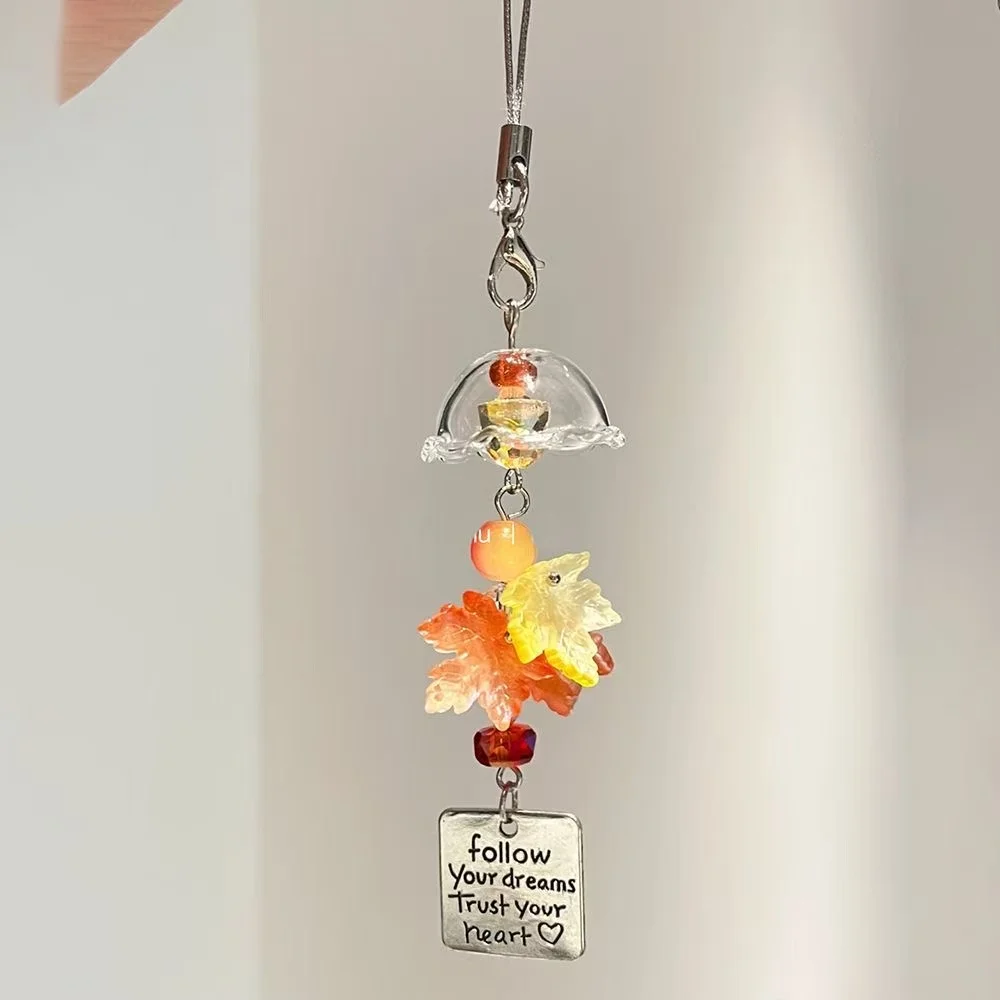 

Healing Autumn Maple Leaf Jellyfish Phone Charm, Inspirational Tag Beaded Pendant, Fresh Anti-lost Strap for Phone & Bag