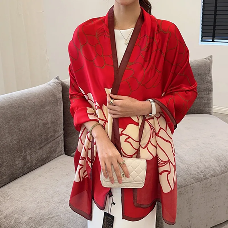 Luxury Brand Fashion Printing Silk Scarf 180*90cm Red Bandanna Foulard Muffler Travel Sun Protection Scarves Wrap for Mom Shawl