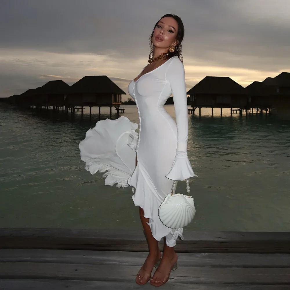 Chaxiaoa alargamento manga longa plissado sexy maxi vestido feminino outono rosa decote em v único breasted cintura alta clube vestidos longos femininos