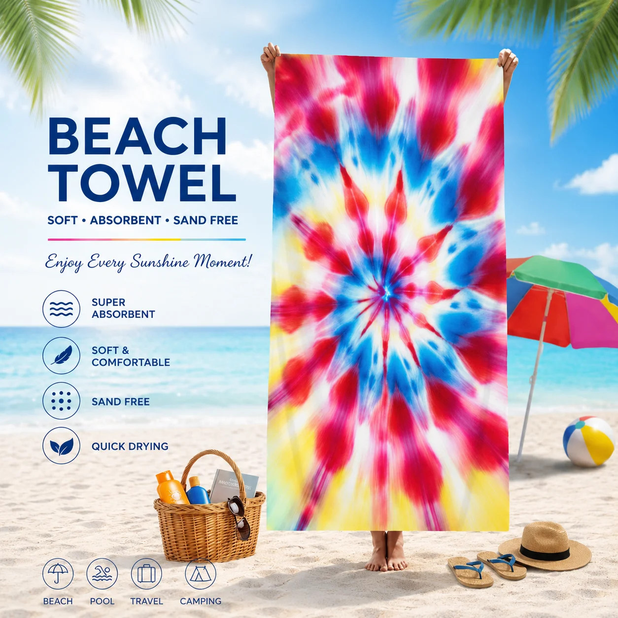 

Colorful Tie Dye Beach Towel Oversized Soft Quick Dry Sand Free Lightweight Microfiber Bath Towel for Pool Travel Summer