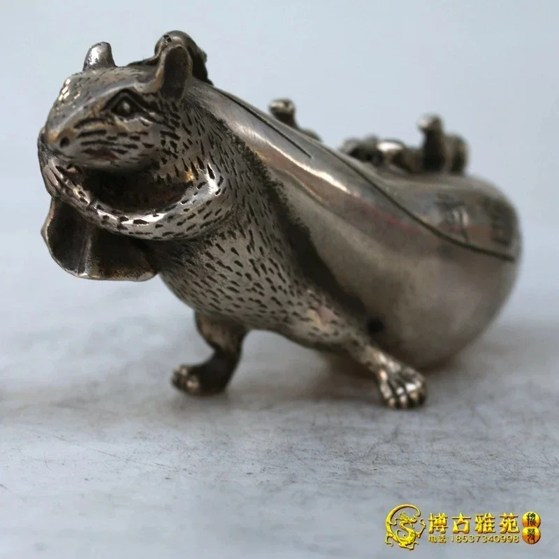 Chinese Old tibet Silver mouse bring Gold bag fengshui wealth Statue Home metal decoration