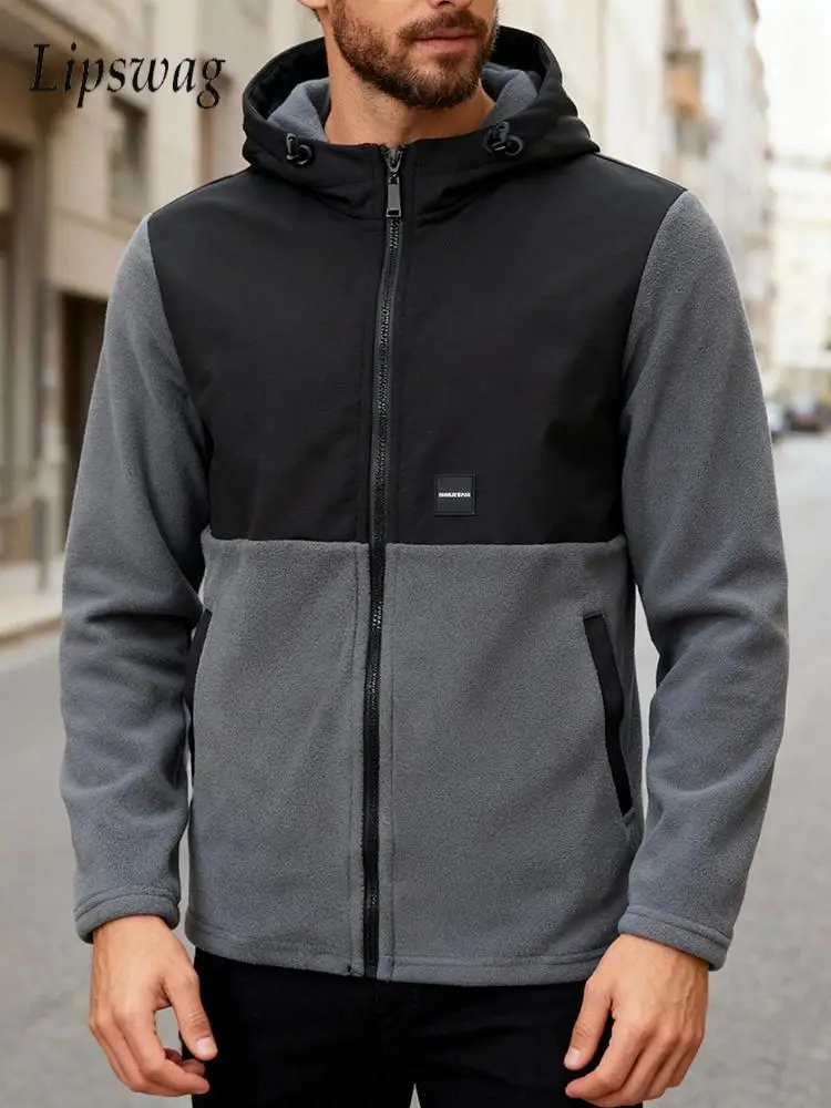 

Осень-зима, теплая флисовая верхняя одежда, мужская повседневная лоскутная куртка с капюшоном на молнии, мужская стильная куртка с капюшоном контрастного цвета, уличная одежда
