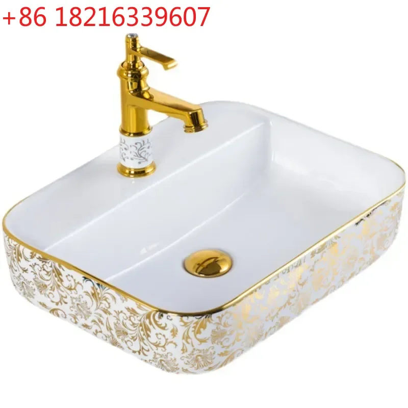 YAO Simple Ceramic Washbasin Rectangular Countertop Basin Gold Bathroom Sink with Creative Faucet for Hotel Home Decor