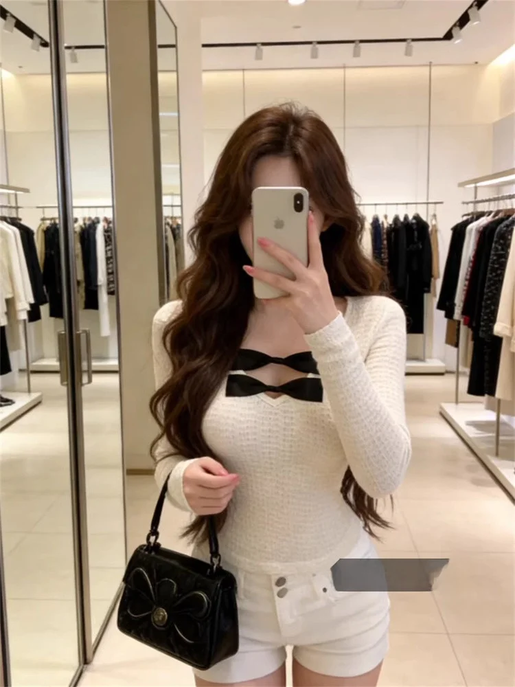 

Корейский женский топ-футболка с V-образным вырезом, облегающий, для ношения под одеждой, модный, повседневный, на зиму