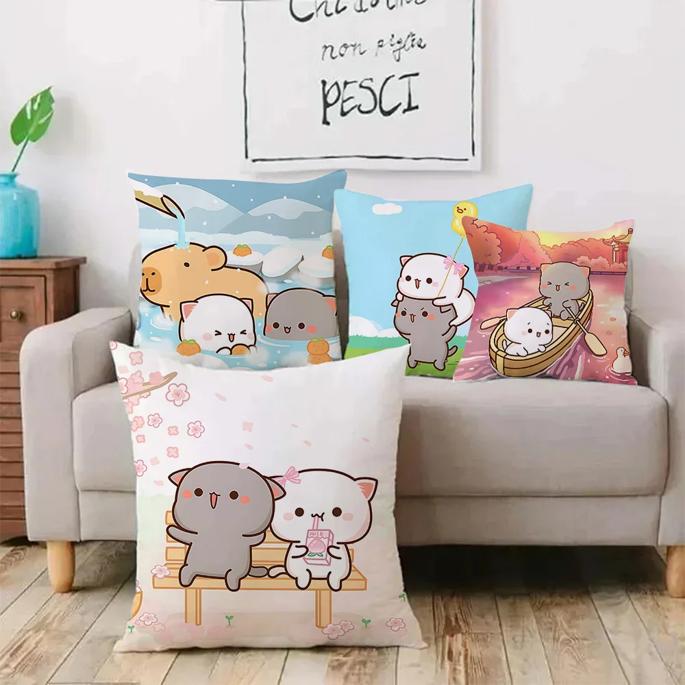 Kawaii Cute Peach Mochi Cat Pillow Covers Cartoon Sofa Decorative Home Double Sided Printing Short Plush Cute Cushion Cover