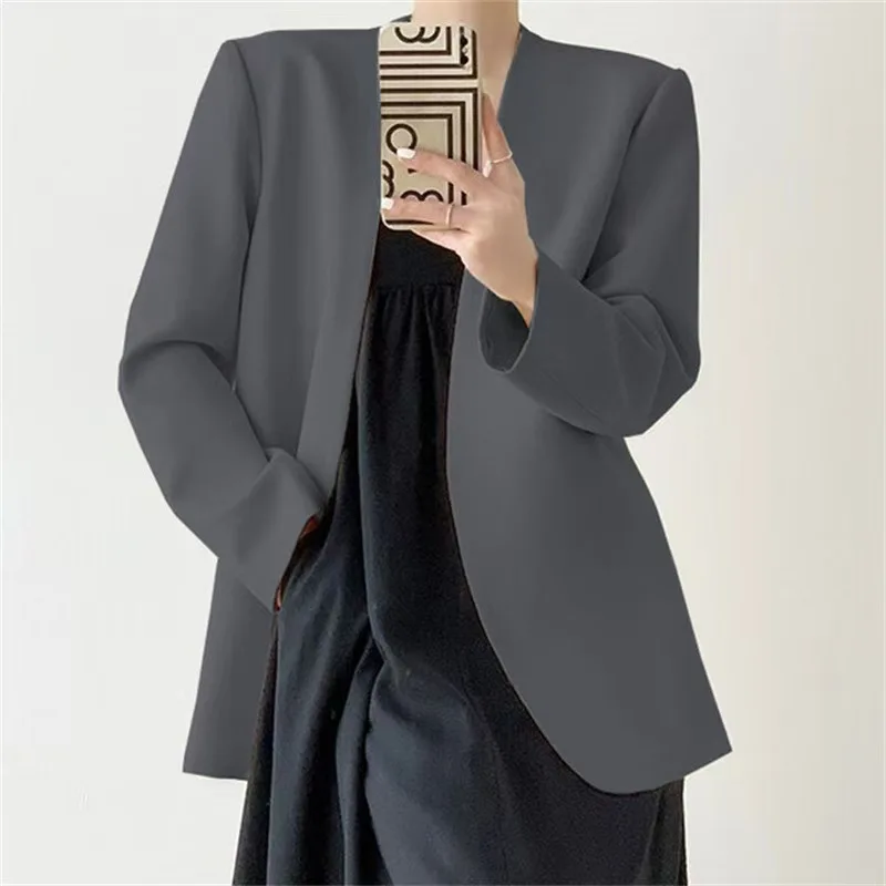 British Style Solid Color Suit Jackets Women 2025 Loose Buttonless Long Sleeve Blazers Woman Office V-Neck Suit Coats Lady