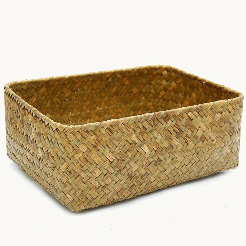 Zerolife-Seagrass Rattan Storage Basket, Square Table Basket, Wicker Hand-woven Box Organizer, Rectangular Closet Organizer,Toys