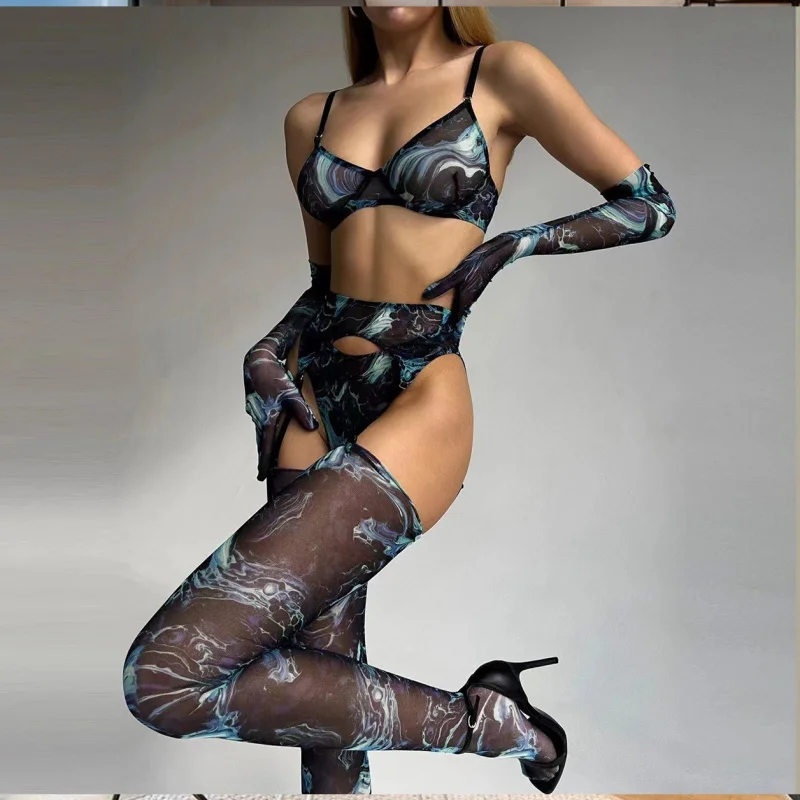 

2025 Trendy Tie-Dye Colorful Small Chest Push-Up Mesh Sexy Women's Lingerie Five-Piece Set