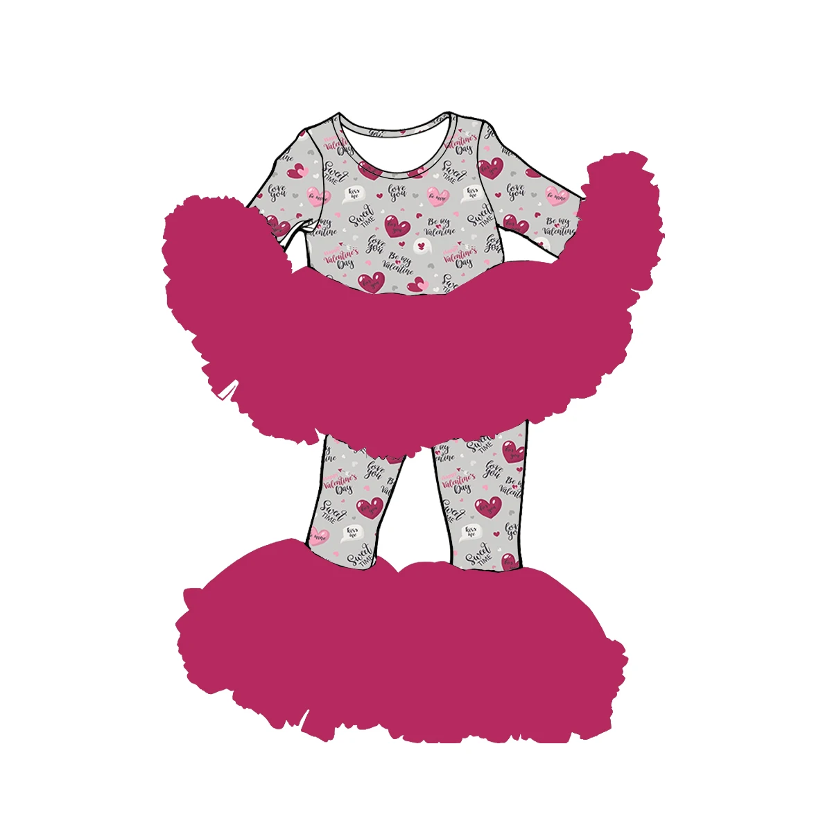 

Tot red Double-Layer Mesh Long-Sleeved Pants Set Girls' Valentine's Day Cartoon Heart Print Milk Silk Custom Wholesale