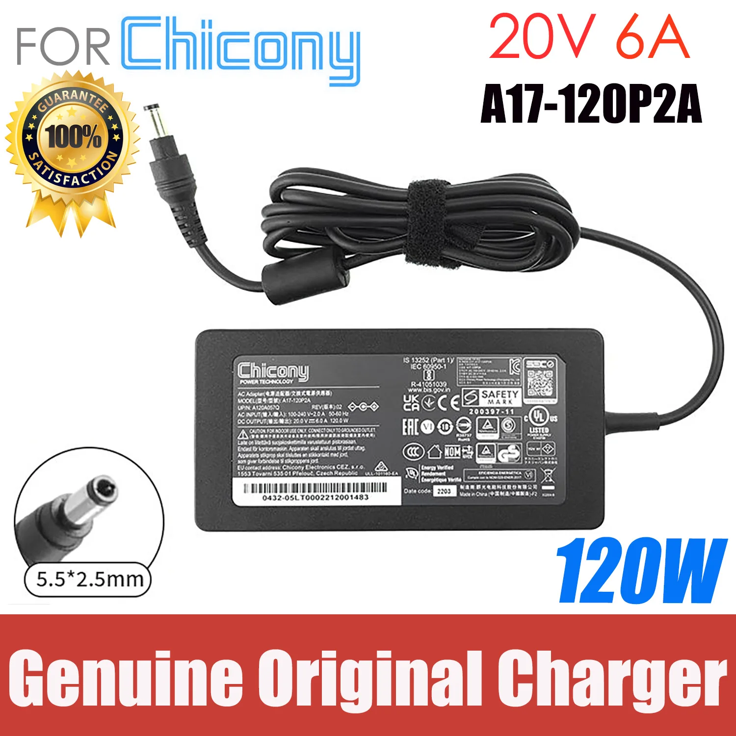 

Original Chicony A17-120P2A 120W Power Adapter 20V 6A 5.5x2.5mm For Inter NUC10 NUC13VYKi7 NUC13AN[x]i5 NUC13L3[x]i7 Mini Laptop