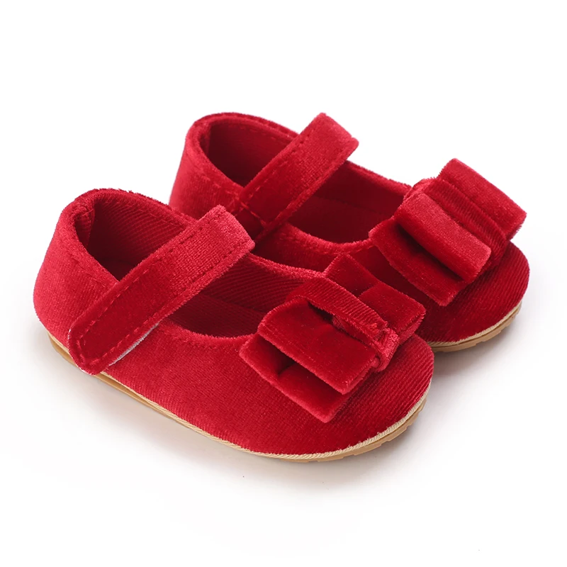 New Christmas Red Baby Girl Cute PU Leather Soft Sole Princess Shoes Bow Step 0-1 Year Walking Shoes