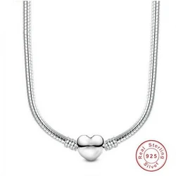 Heart 925 Sterling Silver Snake Chain Necklace Secure Ball Clasp Beads Charms Chocker Necklace For Women Men Wedding DIY Jewelry