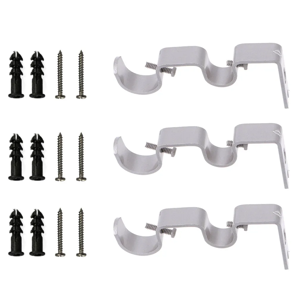 3Pcs Double Rod Bracket Heavy Duty Iron Curtain Rod Brackets with Elegant Black Finish for Office Bedroom Dining Room Window