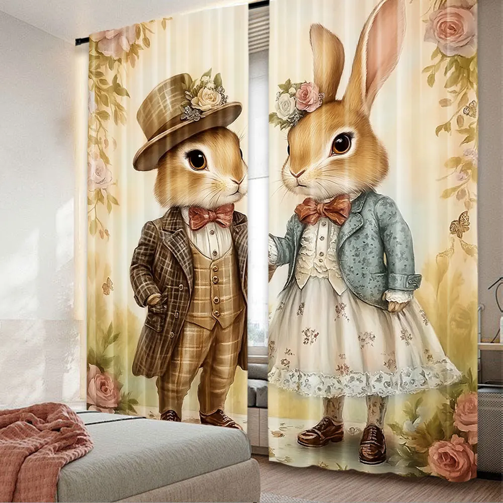 

2Pcs Easter Rural Rabbit Couple Printed Curtains Living Room Game Room Bedroom Multi Scene Decorative Curtains Home Decoration