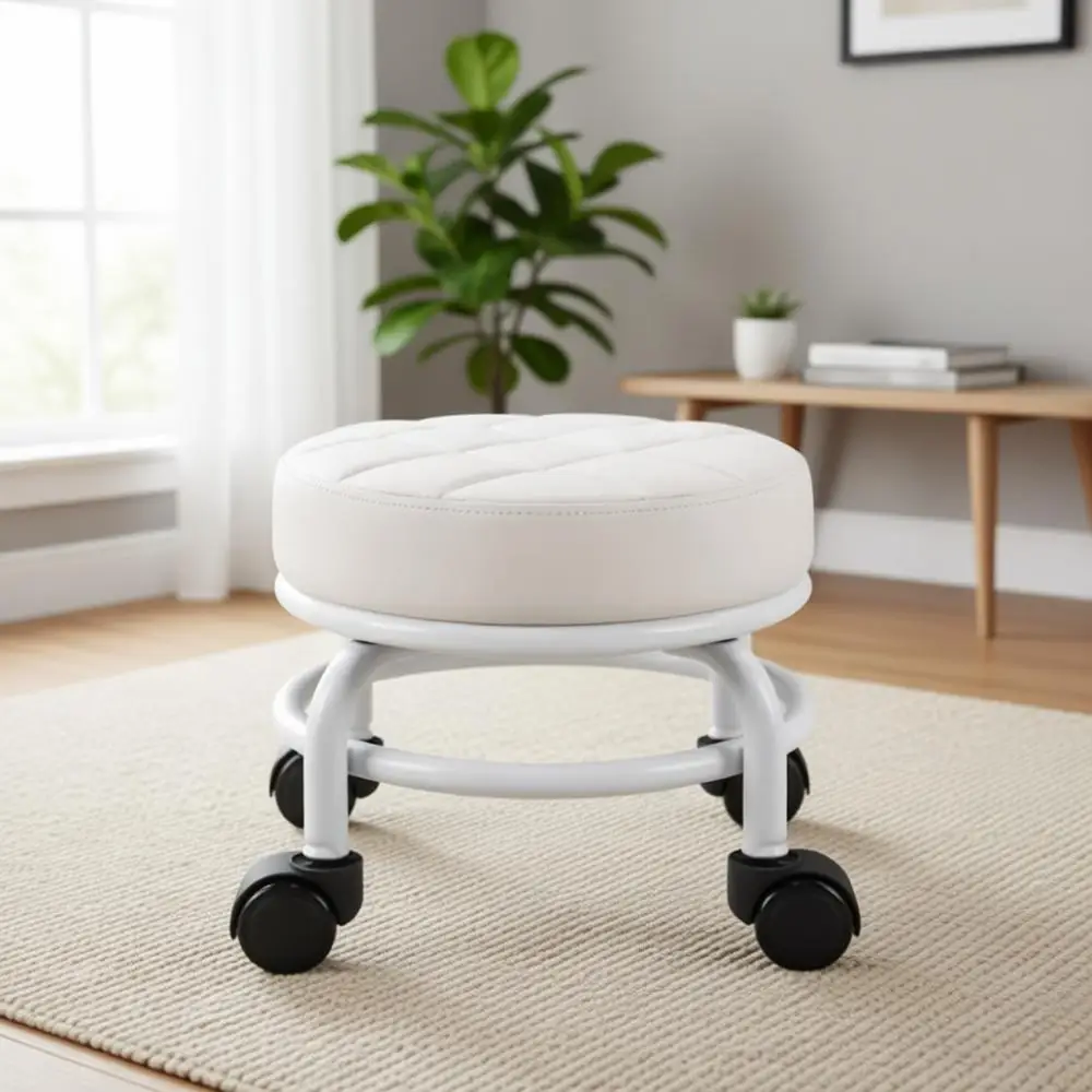 

Белый табурет на колесиках из искусственной кожи для дома, офиса или гаража