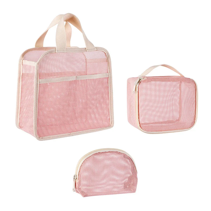 3Pcs/set Large Capacity Mesh Cosmetic Bag Zipper Lightweight Transparent Makeup Pouch Visibility Handheld Travel Storage Bag