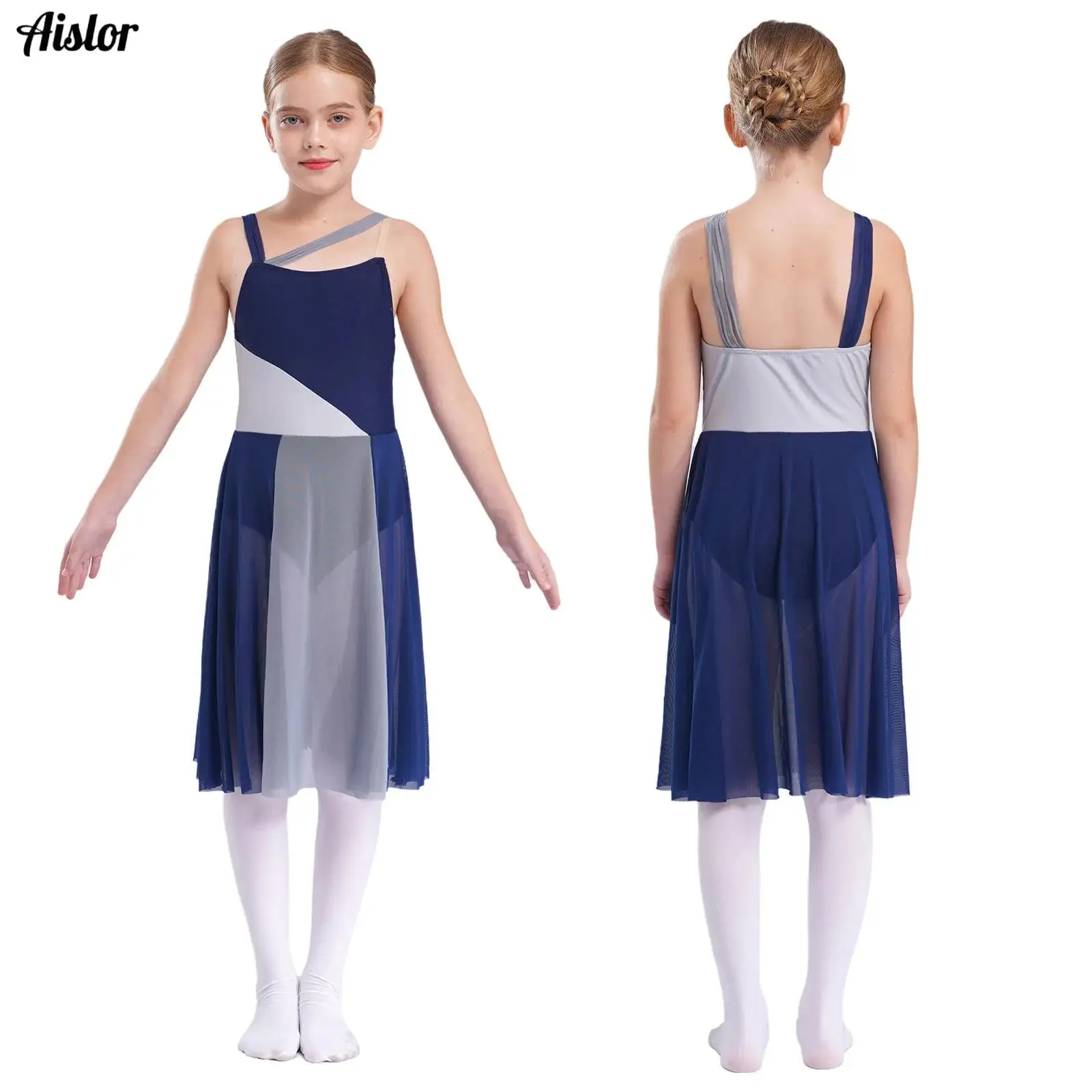 

Kids Girls Lyrical Dance Dress Gymnastics Modern Dance Performance Costume Sleeveless Mesh Color Block Spilce Leotard Dresses