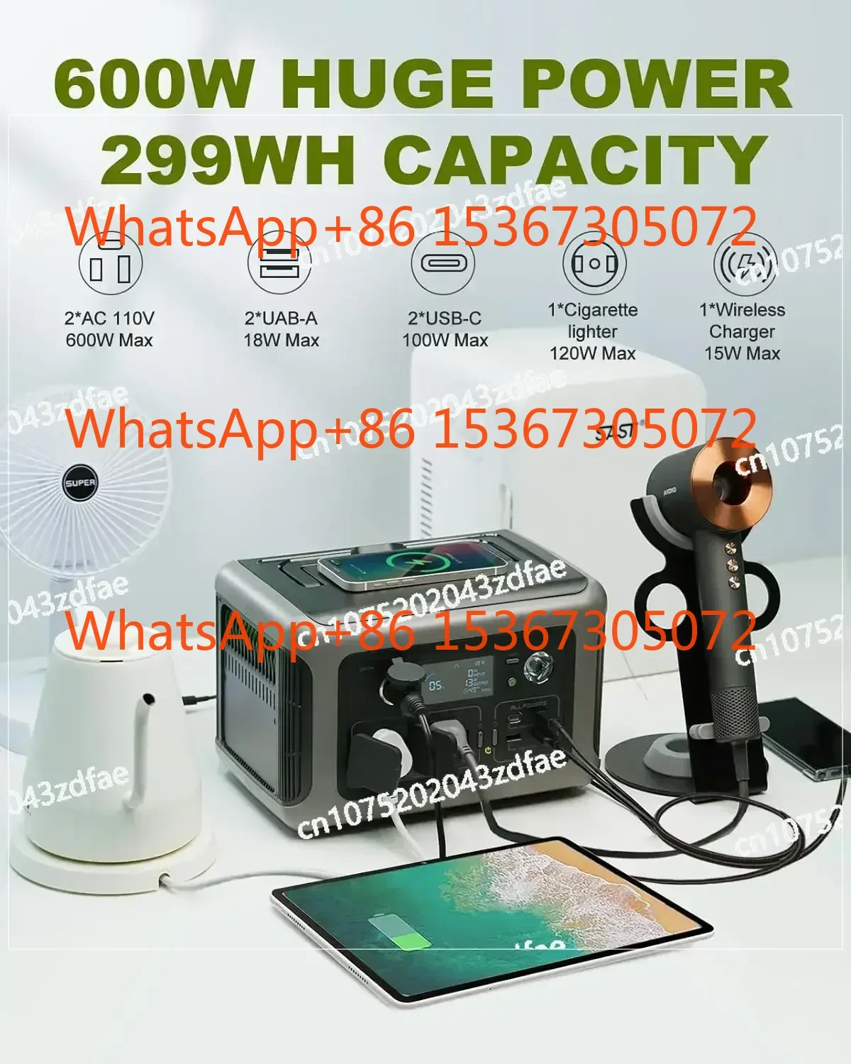 

[Upgraded Version] R600 Super-Quiet Portable Power Station, 299Wh 600W LiFePO4 Battery Backup with UPS Function,
