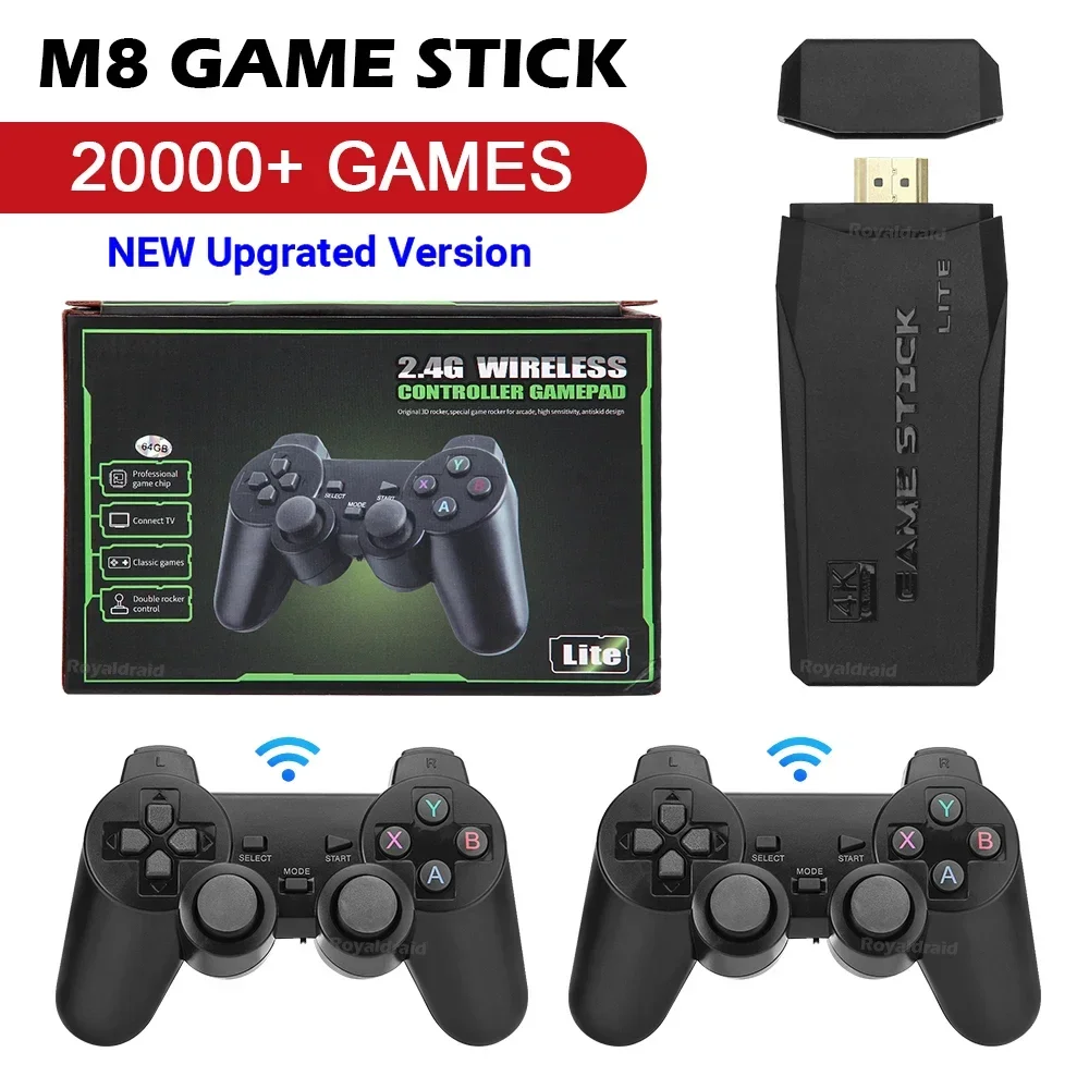 NEW Upgrated M8 Game Stick 4K TV Video Game Console Built-in 20000+ Games 2.4G Dual Wireless Handle 64GB 3D Games For PS1 SFC