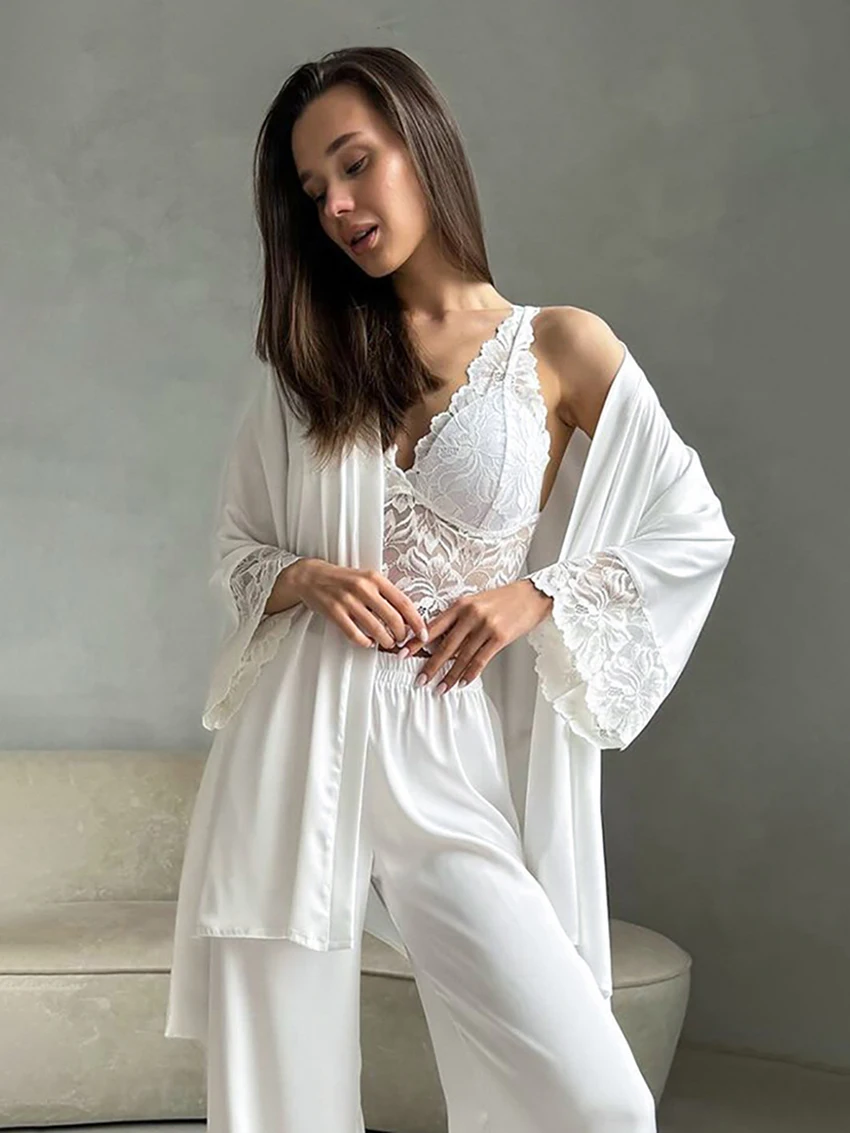 

Mathaqiqi Lace Women Sleepwear Set Sexy V-Neck Pajamas Lace Up Nightie Long Sleeve Nightgowns Pants Casual Ladies Nightwear Suit