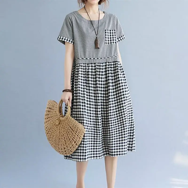 2023 Vintage Mori Girl Style Plaid Patchwork Midi Dress Summer Short Sleeve Casual A-Line O-Neck Fashion Pockets Folds Dresses