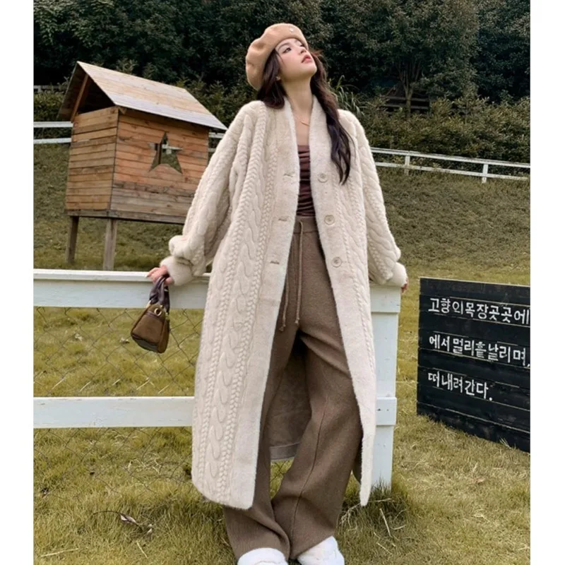 Winter Light Khaki Embossing Twist Pattern Faux Mink Fur Coat CHIC Women Below Knee Full Sleeve Loose Warm Long Jacket Outercoat