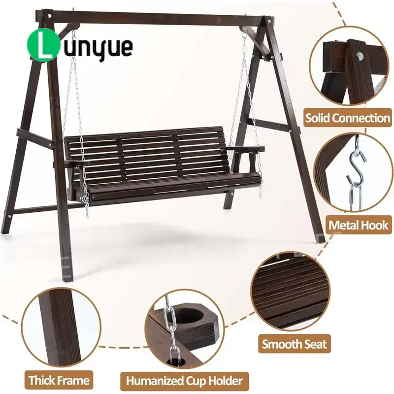 Wooden Porch Swing Garden Courtyard Swing Set Outdoor Patio Furniture Durable Wood Bench for Relaxing Backyard Decor