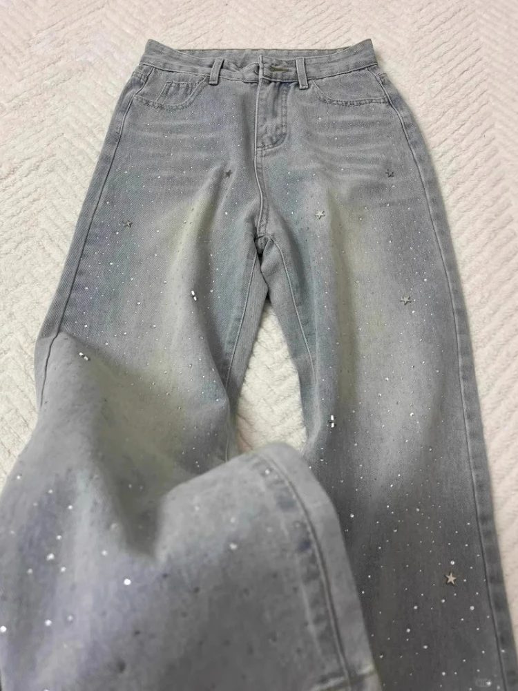 Women Wide Leg Baggy Jeans Lady Vintage Y2K Punk Low Rise Waist Loose Denim Pants Streetwear Fashion Sequins Rhinestone Trousers