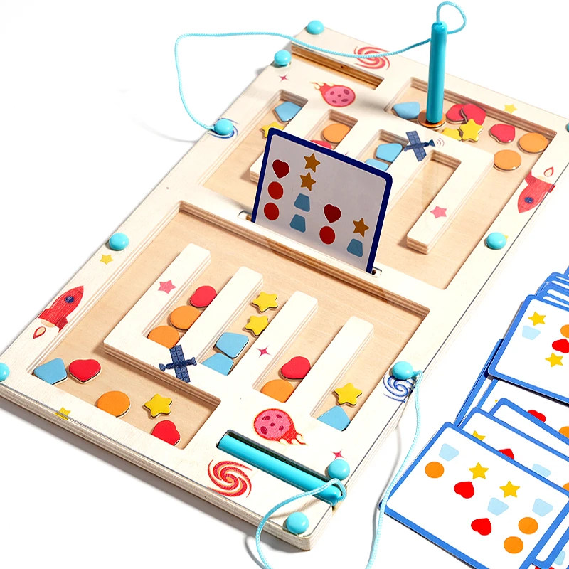 Drewniany kształt koloru labirynt magnetyczny sortowanie magnetyczne tablica podróżna Puzzle Montessori zabawka edukacyjna nauka dla wieku 3+ mała motoryka