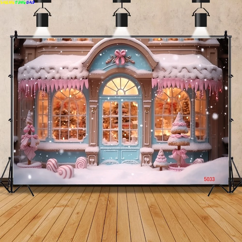 

Vinyl Custom Christmas Day Fireplace Photography Backdrops New Year Candy Chimneys Store Ball Window Studio Background WW-61