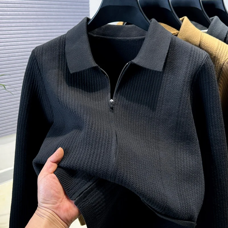 Man's New Autumn High-quality Pullover Sweater Solid color Zipper Plaid pocket Knitted sweater Coat Casual Jacket Men's clothing
